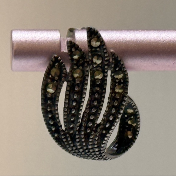 Estate Art Deco Sterling Silver Marcasite Swirls Drop Earrings Pierced Antiqued - Picture 3 of 8